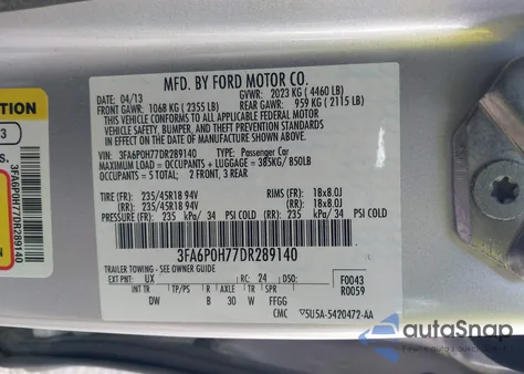 2013 Ford Fusion Se из США, поврежденный, VIN 3FA6P0H77DR289140